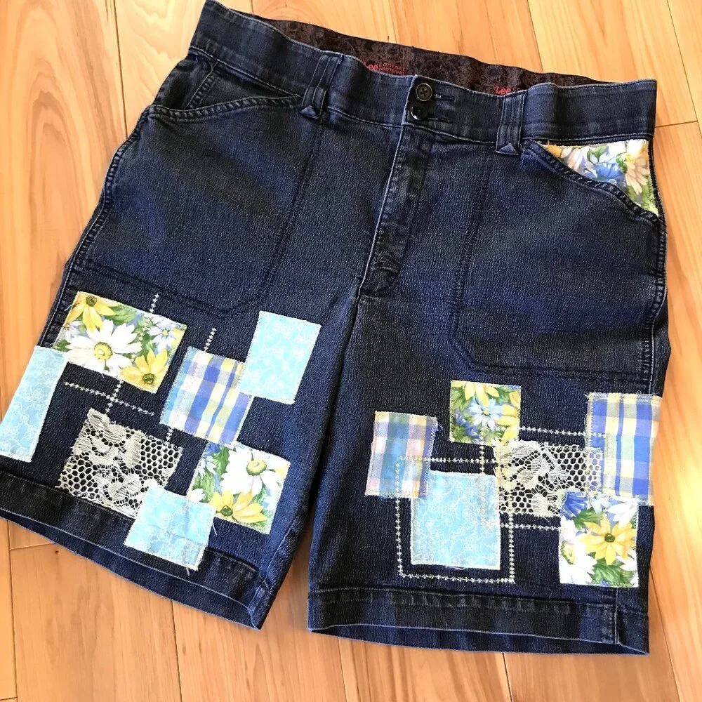 Boho Patchwork Jean Shorts Upcycled Denim Decorative Stitching Women's Size 14